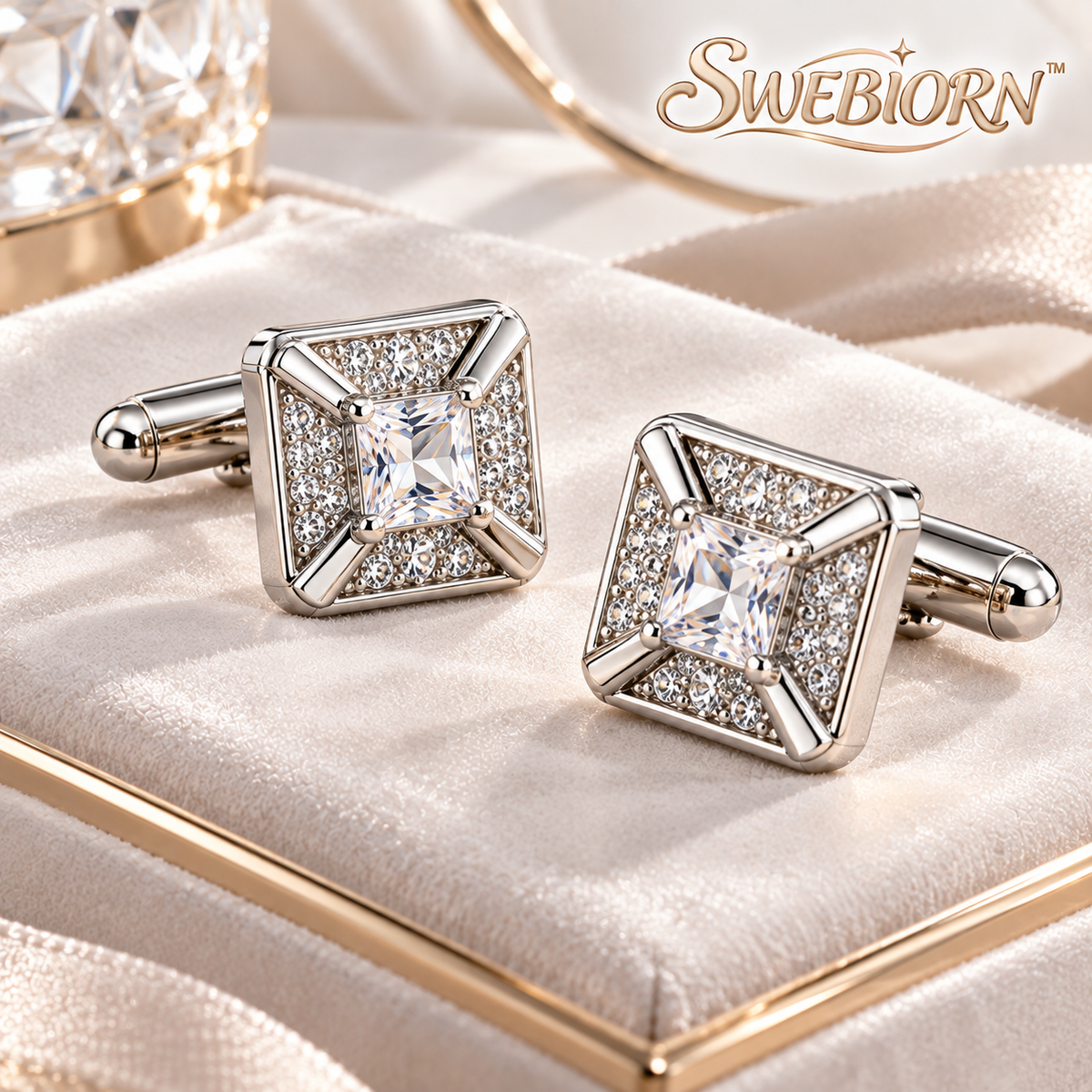 SWEBIORN™ Celestine White Rhinestone Cufflinks – Silver-Tone Geometric French Cuff Links, Formal Shirt Accessories, 1-Pair Gift Set