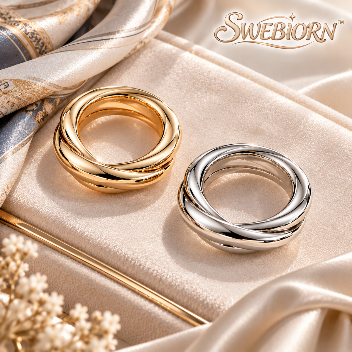 SWEBIORN™ Orvelle Duo Scarf Rings – Gold & Silver Tone Round Scarf Slides, 2-Piece Neckerchief Holders, Minimalist Scarf Accessories