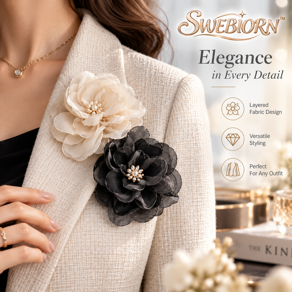 SWEBIORN™ Mirelle Contrast Fabric Brooch Duo – Ivory & Charcoal Layered Textile Lapel Pins, 2-Piece Blazer Dress Accessories
