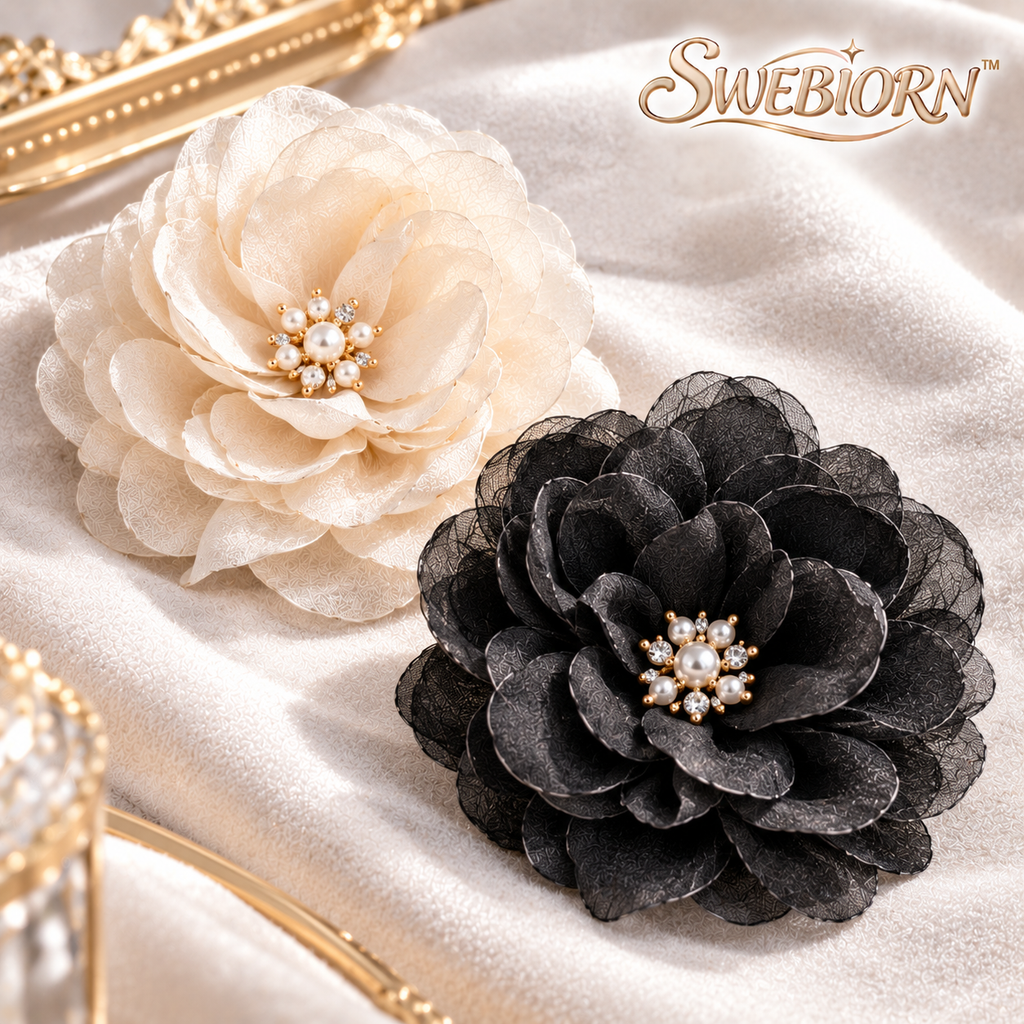 SWEBIORN™ Mirelle Contrast Fabric Brooch Duo – Ivory & Charcoal Layered Textile Lapel Pins, 2-Piece Blazer Dress Accessories