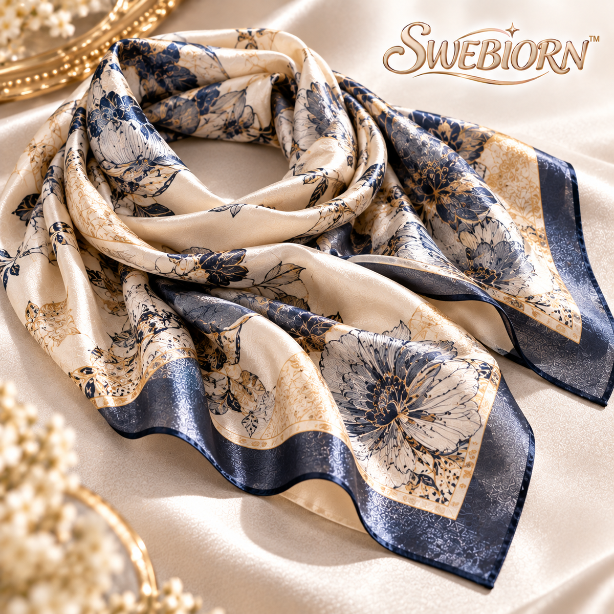 SWEBIORN™ Atelier Line Textured Square Scarf – Warm Taupe Tonal Print Neck Scarf, Hair Scarf & Handbag Accessory, 27.5 in