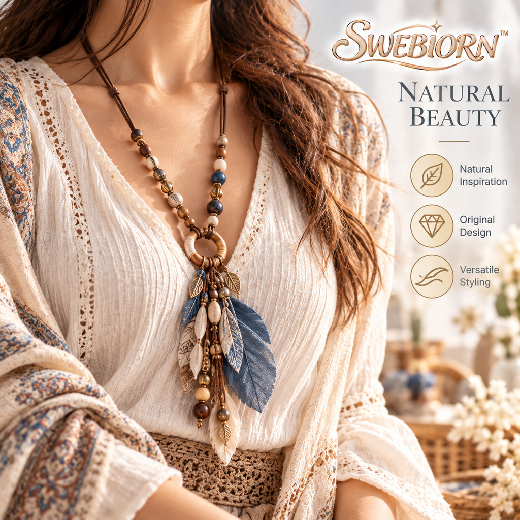 SWEBIORN™ Nomad Seed & Feather Textile Pendant – Earth Brown Fabric Cord Necklace, Original Boho Layering Fashion Accessory