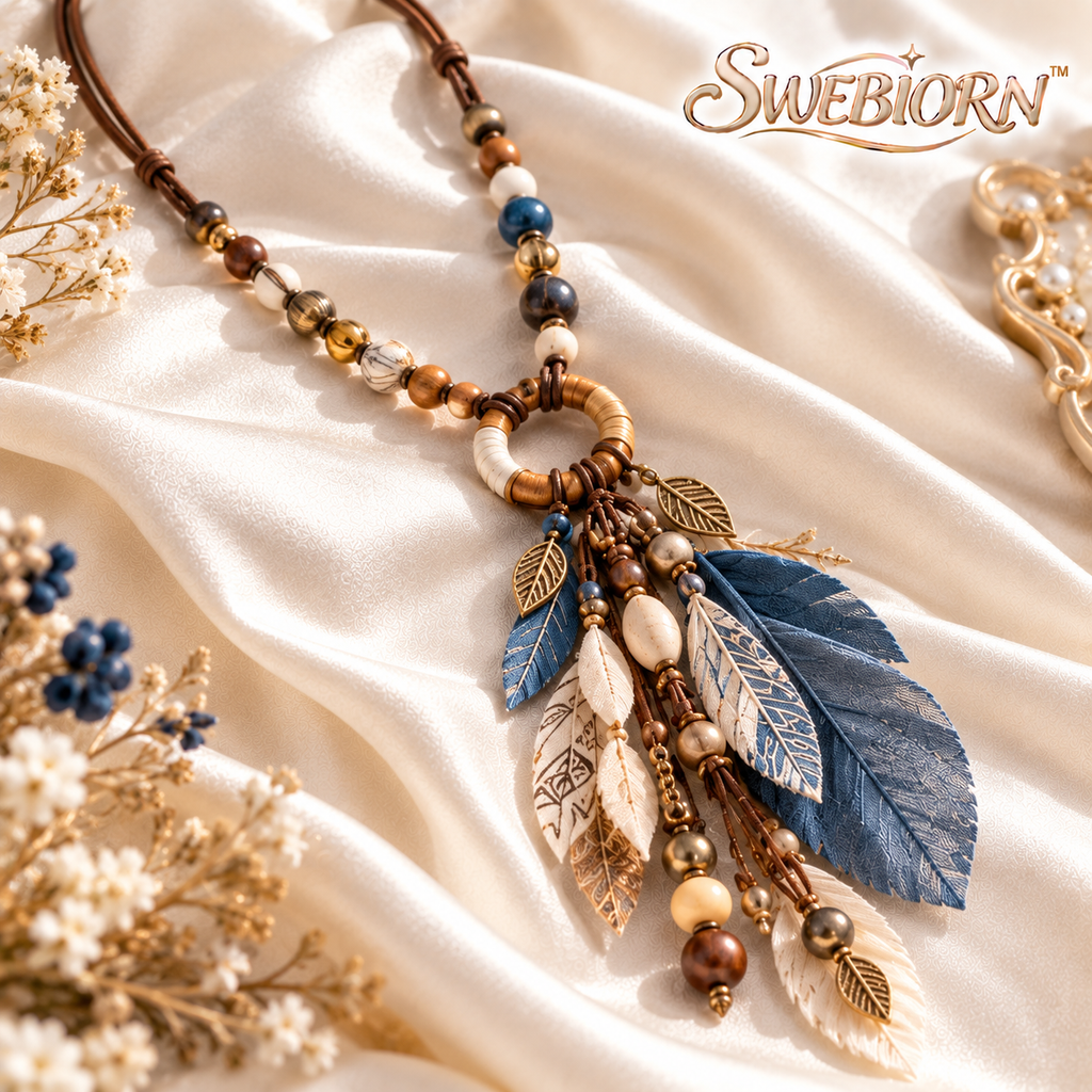 SWEBIORN™ Nomad Seed & Feather Textile Pendant – Earth Brown Fabric Cord Necklace, Original Boho Layering Fashion Accessory