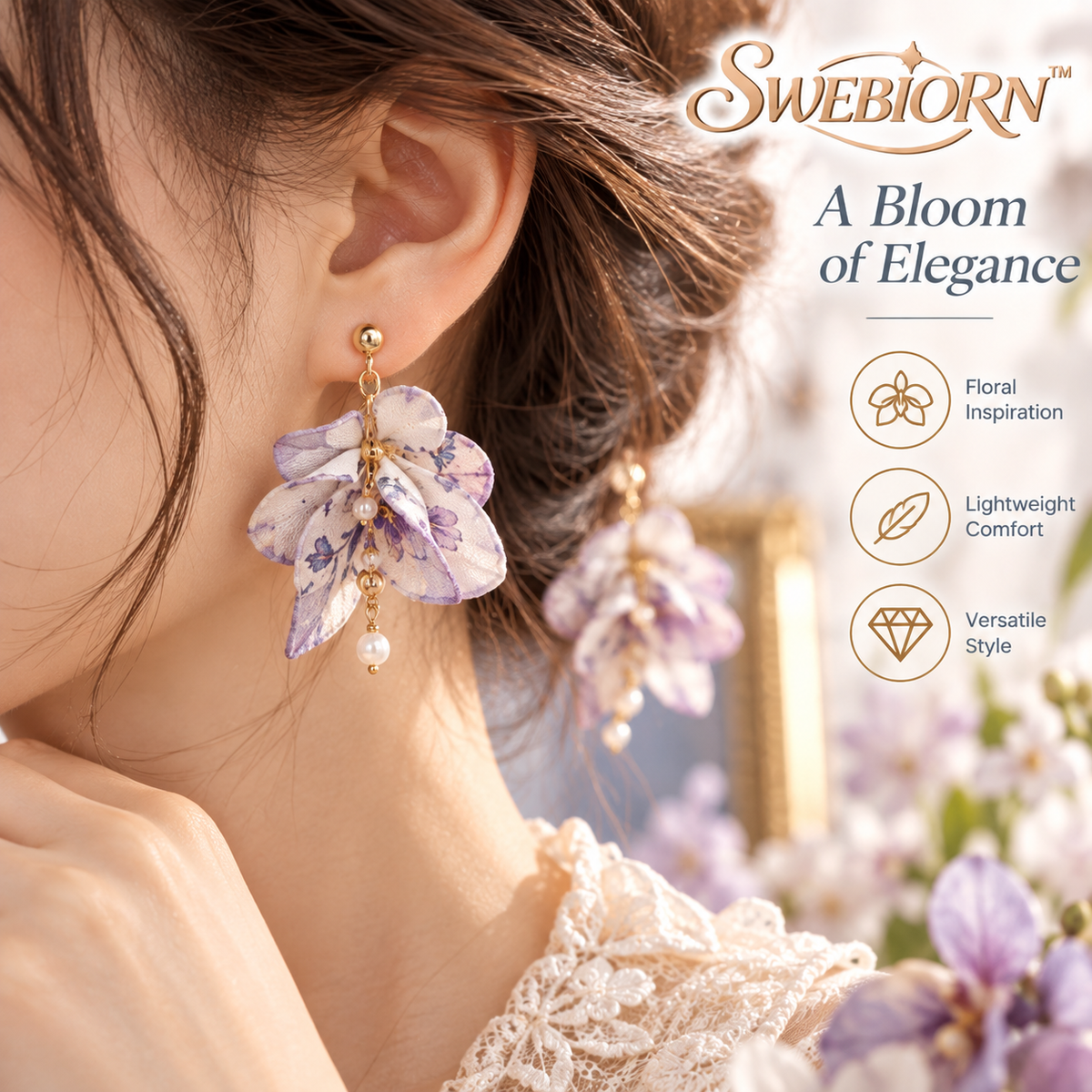 SWEBIORN™ Petite Orchid Textile Drop Earrings – Soft Ivory Mini Fabric Petal Earrings, Lightweight Floral-Inspired Fashion Jewelry