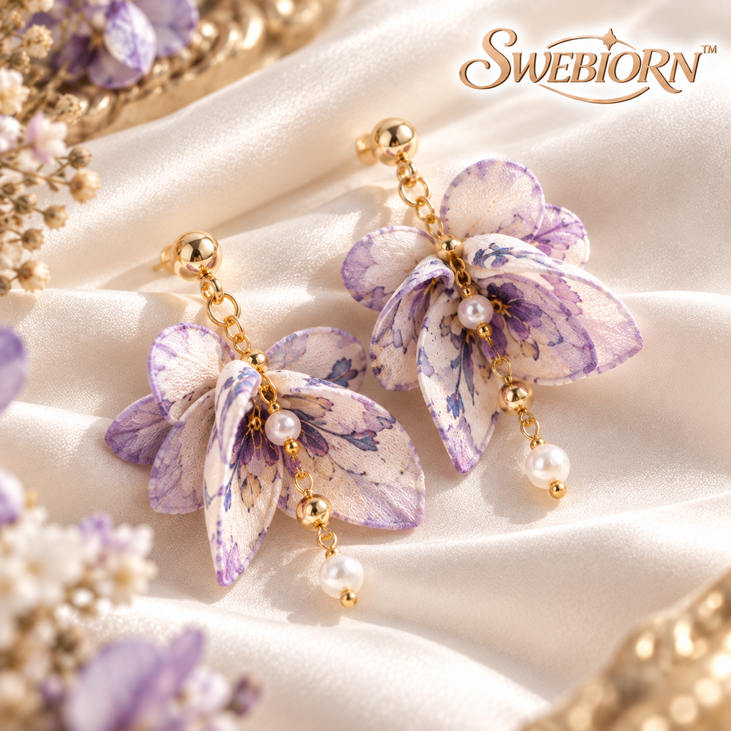 SWEBIORN™ Petite Orchid Textile Drop Earrings – Soft Ivory Mini Fabric Petal Earrings, Lightweight Floral-Inspired Fashion Jewelry